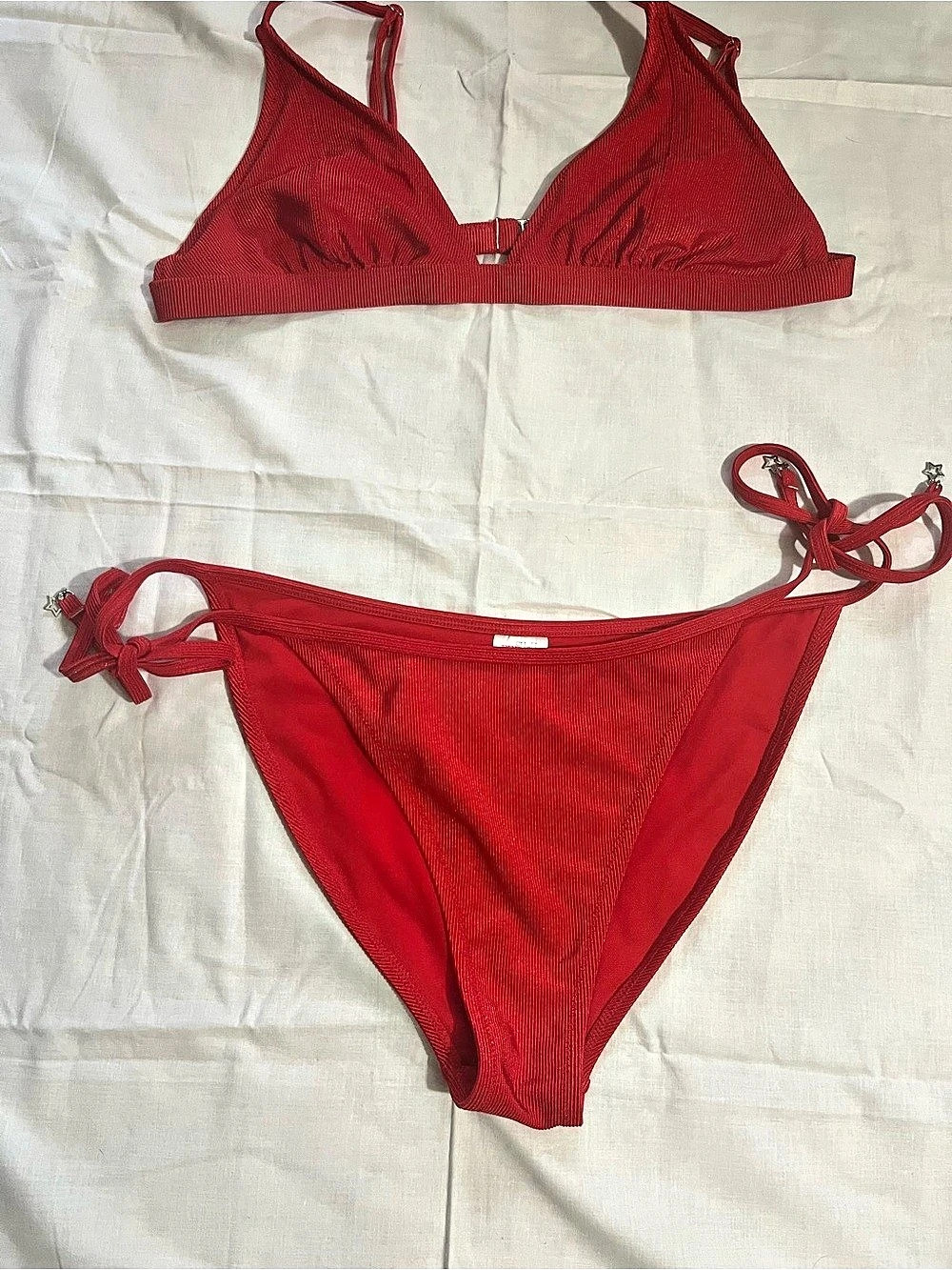 Wild Fable Shiny Ribbed Triangle Bikini Top and Side-Tie Bottom Set Red Medium